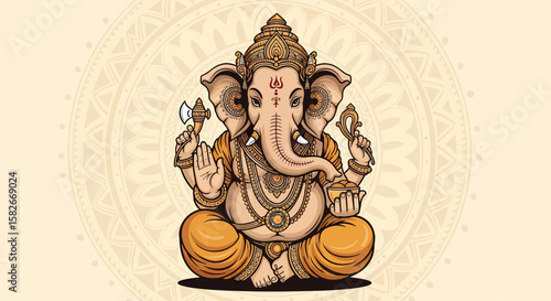 Illustration of Lord Ganesha seated in a lotus position, holding traditional items, against an ornate background.