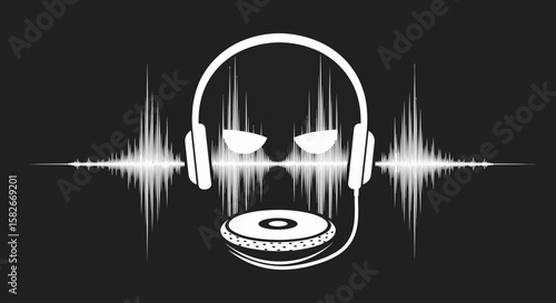 Stylized graphic of headphones and a turntable with sound waves on a black background.