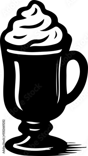 A cozy mug topped with a generous swirl of whipped cream, presented in a charming black and white woodcut style