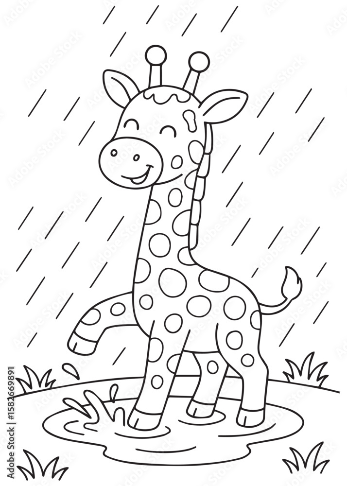 Fototapeta premium Coloring book giraffe walking in the rain.