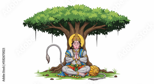 Hanuman, the Hindu monkey god, meditates peacefully beneath a large, sprawling banyan tree.