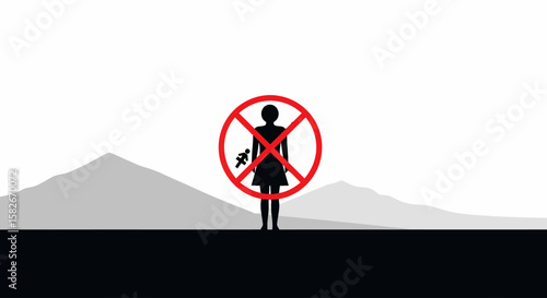 Silhouette of woman prohibited, mountains backdrop, symbolic restriction.