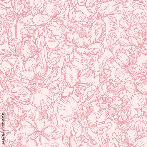 Seamless floral pattern featuring delicate pink peony blossoms with intricate outlines. Romantic and elegant design. Vintage or feminine aesthetics. Pink abstract background with botanical elements
