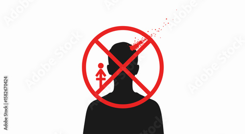 Forbidden thoughts: A silhouette head with a red prohibition symbol and disintegrating brain matter.
