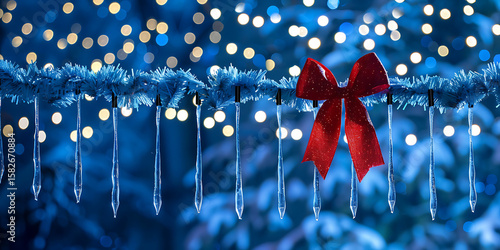 Icicle Lights with Red Bow Against Blue Background

