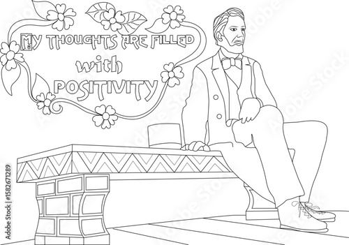 Empowering Coloring Page: My Thoughts Are Filled With Positivity Affirmation Featuring a Thoughtful Historical Figure on a Bench, Ideal for Mindfulness, Self-Care, and Positive Mental Health Journey.
