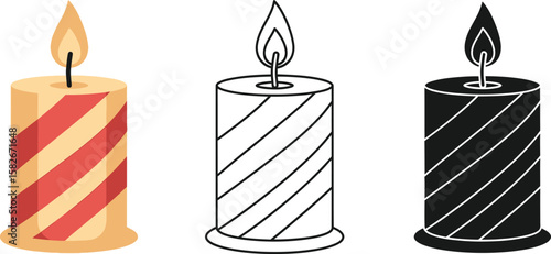 Striped candle vector illustration set, decorative candle design, candle light graphic design art