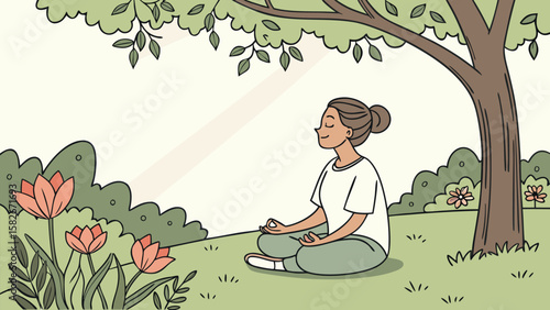 A cartoon vector illustration of a woman and child sitting in a lotus pose, practicing yoga and meditation amidst nature, radiating beauty, love, and relaxation in shades of pink and green