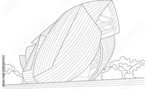 Elegant vector line drawing of a unique abstract building, blending modern design with artistic interpretation, perfect for creative projects.