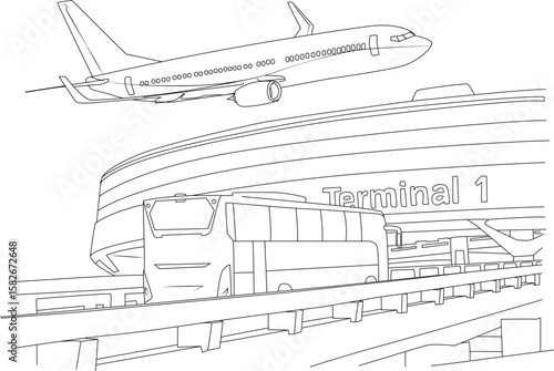 Clean black and white line drawing depicting airport operations: airplane, Terminal 1, and shuttle bus, perfect for travel concepts.