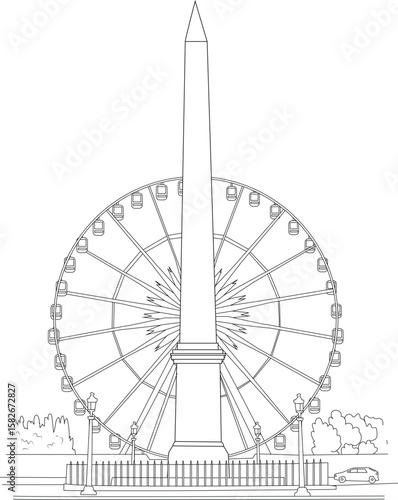 Line art illustration of Paris's Luxor Obelisk and Ferris Wheel at Place de la Concorde, a famous French landmark drawing.