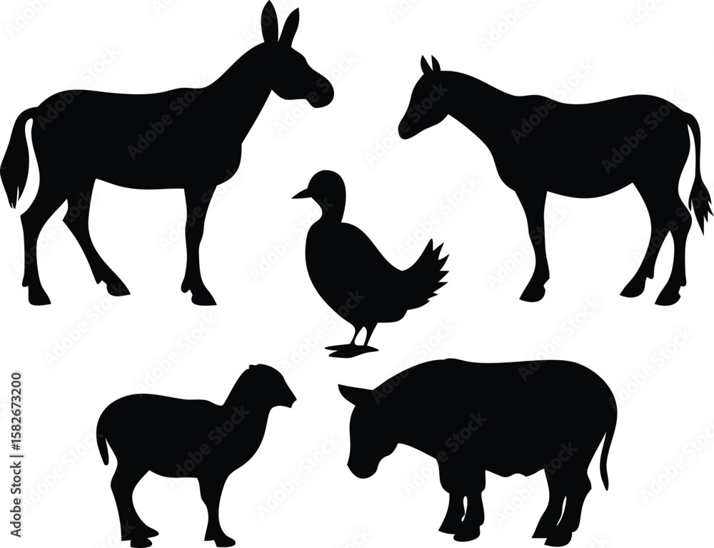 Fototapeta premium Farm animals silhouette collection donkey horse duck sheep and pig isolated on transparent background