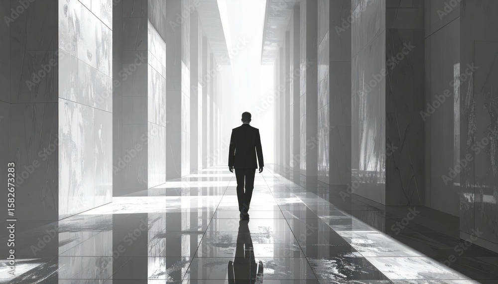 Fototapeta premium One man in dark suit walks down bright modern architectural corridor with light at the end
