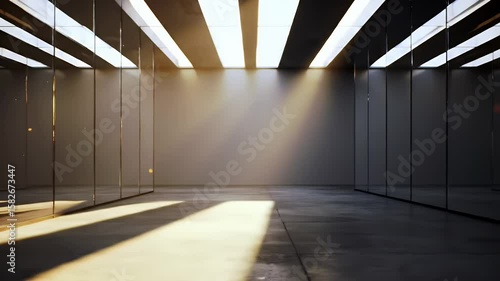 Dynamic sunlight streams across an empty minimalist architectural interior with reflective walls and concrete floor creating dramatic moving shadows