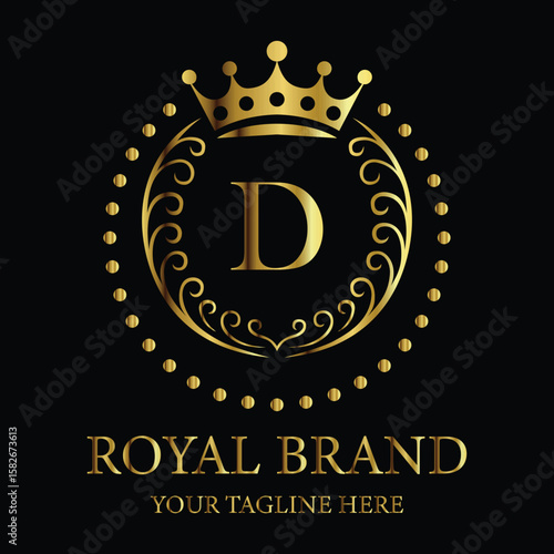 Luxury royal brand logo design featuring golden crown and letter D for premium business identity

