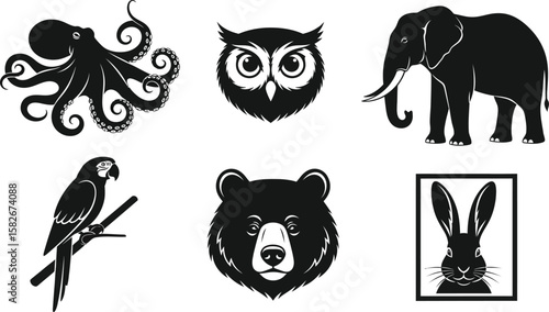 A collection of animal silhouettes displays a parrot, elephant, bear, octopus, owl and rabbit in elegant black artwork.