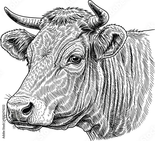 Striking engraving of a cow head displaying intricate line work and texture, perfect for graphic design projects or educational materials.
