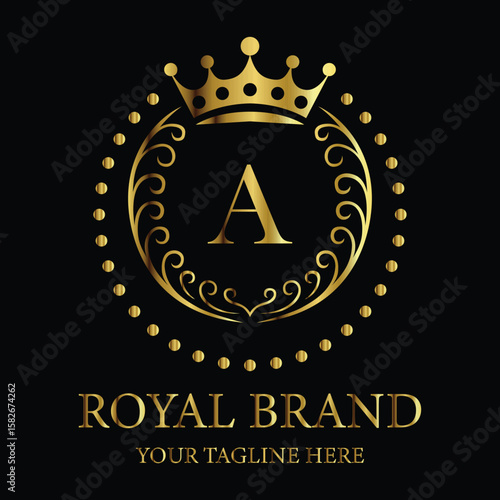 Luxury royal brand logo design featuring golden crown and letter A for premium business identity

