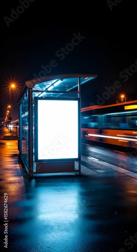 Nighttime Urban Scene of Empty Bus Stop with Illuminated Ad Panel and Light Trails from Passing Orange Bus on Wet Street