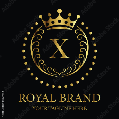 Luxury royal brand logo design featuring golden crown and letter X for premium business identity


