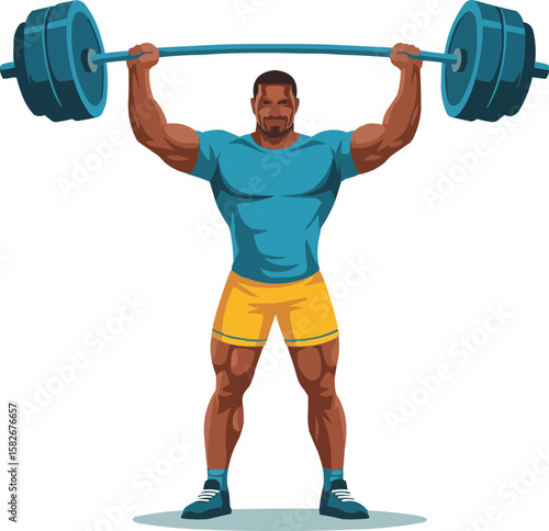 Muscular man lifting heavy barbell overhead in a fitness gym