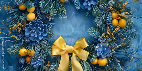Blue Christmas Wreath with Pinecones, Berries, and a Gold Bow

