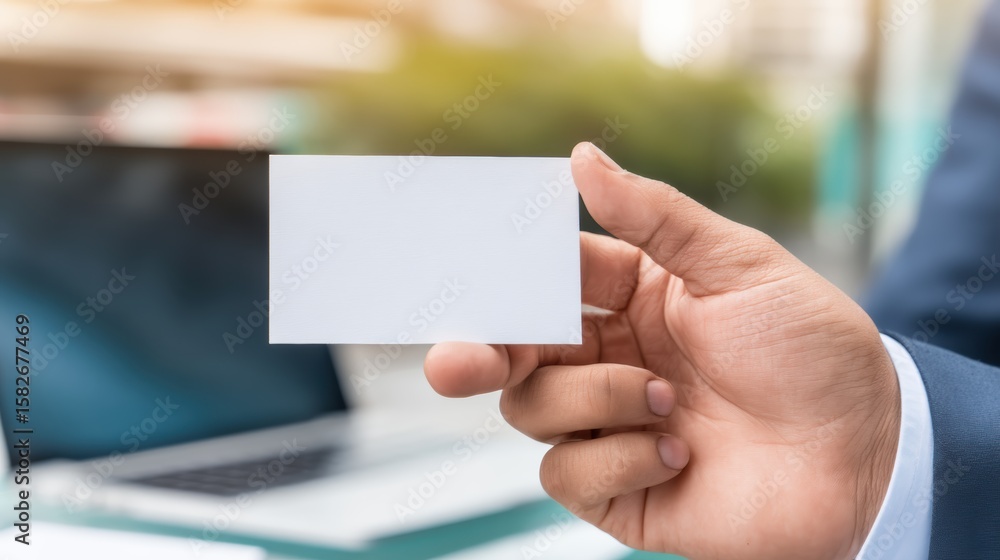 Blank business card held by hand with blurred laptop background Blank business card held by hand with blurred laptop background