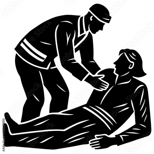 Fireman assisting injured person silhouette vector illustration