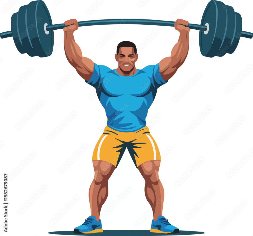 Fototapeta premium Muscular man lifting heavy barbell overhead in a fitness gym