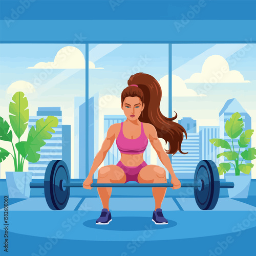 Fit woman performing a deadlift exercise with a barbell in a modern gym