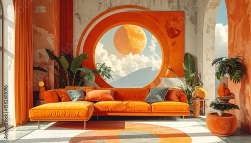 Wallpaper Mural Modern living room with orange sectional sofa and circular window overlooking mountains and moon Torontodigital.ca