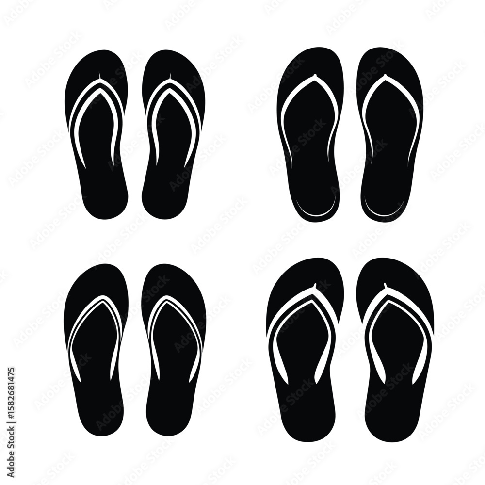 Beach slippers Silhouette Icon Set Black Vector Graphic Isolated on White Background Beach slippers Silhouette Icon Set Black Vector Graphic Isolated on White Background