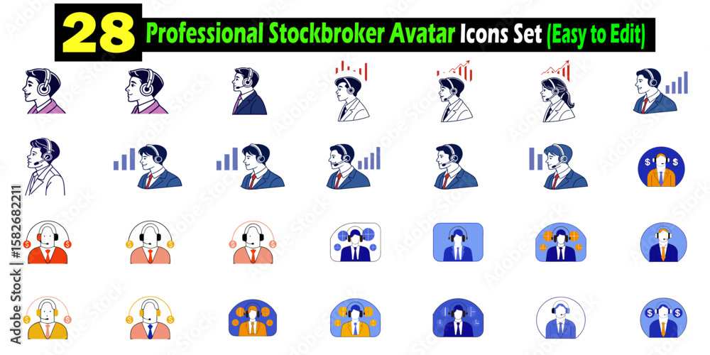 Fototapeta premium Set of twenty eight professional stockbroker avatar icons depicting financial professionals in different styles