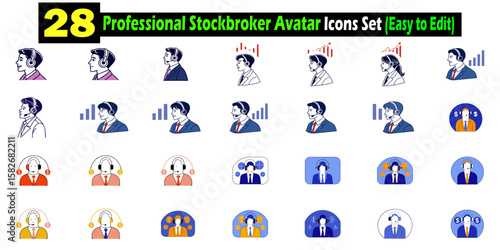 Set of twenty eight professional stockbroker avatar icons depicting financial professionals in different styles