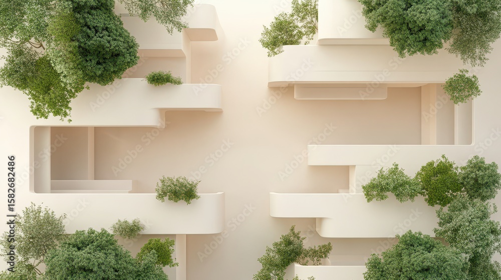 Fototapeta premium Building exterior shows multiple levels. Plants fill the ledges. Architecture with rounded shapes. Clean simple aesthetic. Light colors.