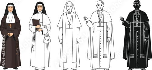 Catholic nuns and priests in traditional religious clothing vector illustration design art