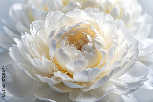Closeup of a white peony with delicate petals, showcasing elegance and minimalism. The soft texture and natural beauty of the flower emphasize its botanical charm