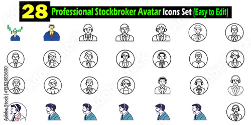 Diverse collection of professional stockbroker avatar icons suitable for websites and digital business graphics applications.