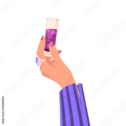 Vector cocktail beverage. Palm holding glass of alcohol. Isolated element for nightclub or summer beach party, lounge. Celebration and holiday fun, festive. Shaker, mocktail, drink mix. Exotic liquid.
