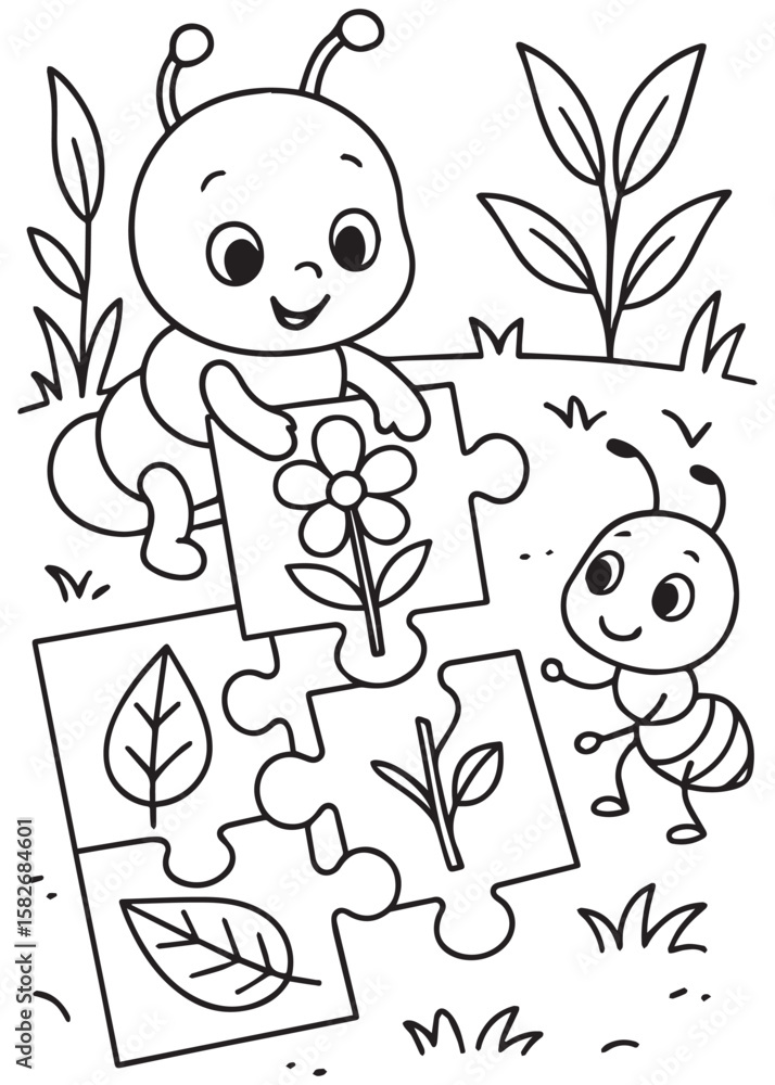 Fototapeta premium Coloring book page of aphids assembling flower puzzle.