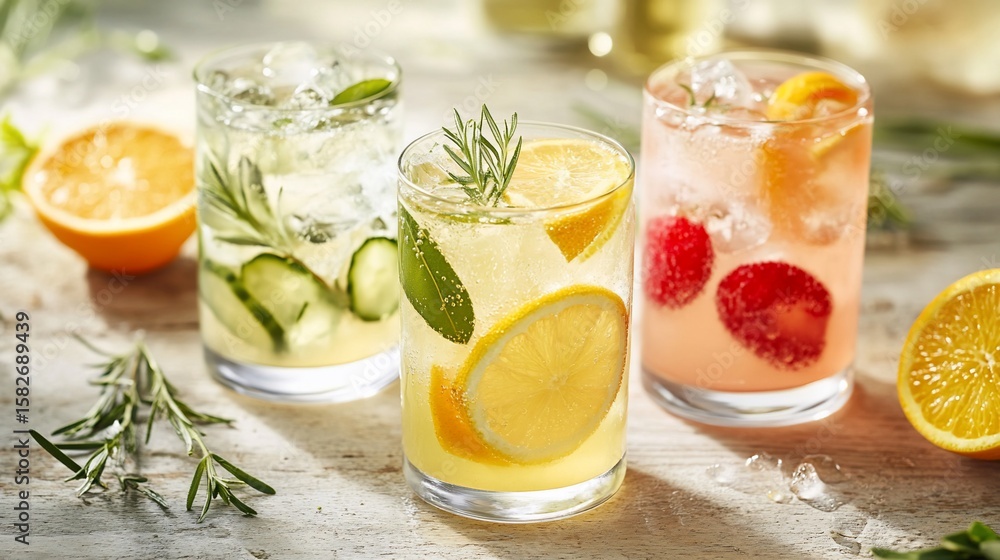 Fototapeta premium Refreshing summer cocktails with fruits and herbs on rustic wooden surface