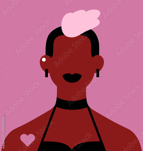 Abstract portrait, black woman. Bold stylish female character avatar with mohawk hairstyle, earring, heart. Queer identity, poster in contemporary modern fashion style. Flat vector illustration