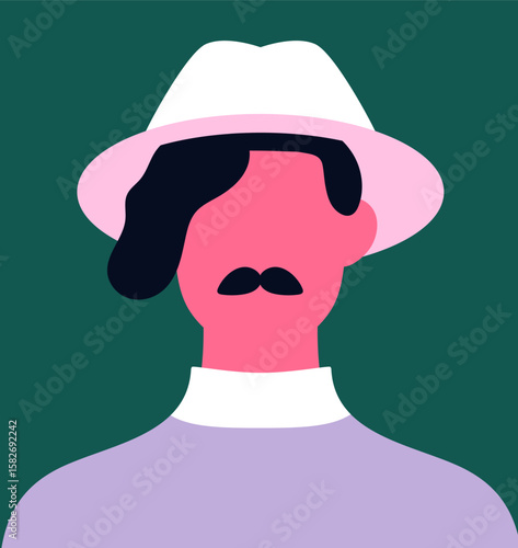 Abstract male portrait, poster. Modern trendy fashion man with mustache and hat. Faceless character, unique user profile in stylish elegant headwear, chic urban style. Flat vector illustration