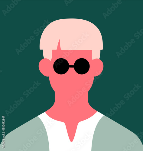 Abstract male portrait with sunglasses. Faceless young character, poster in modern minimal style. Trendy stylish man with cool hairstyle, sun glasses, summer fashion. Flat vector illustration
