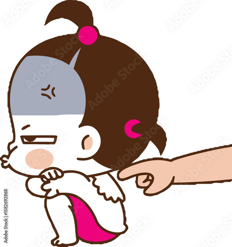 Sad Cartoon Girl Sitting – Vector Illustration of Displeased Character with Arms Around Knees, Pink Pants, and Pointing Hand