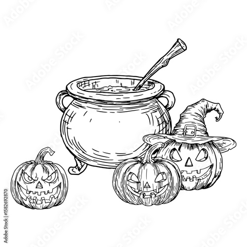 Magic cauldron with potion and pumpkins with carved faces, black and white ink sketch. Vector illustration. A mystical Halloween entourage, isolated on white background. Theme of magic and witchcraft