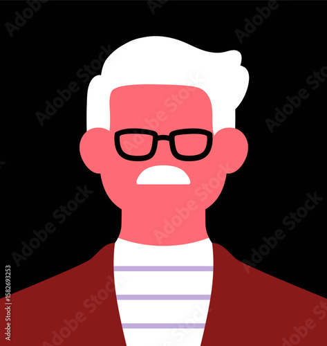 Abstract portrait, senior man. Old gray-haired character with mustache and glasses, faceless avatar, modern style poster. Mature elderly male in eyeglasses and moustache. Flat vector illustration