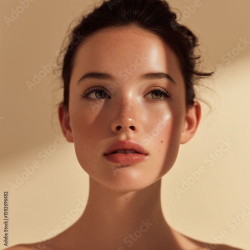 Front-facing portrait of youthful girl with soft features and glowing skin, beige background.