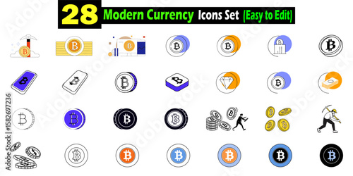 Collection of twenty eight modern bitcoin cryptocurrency icons suitable for various digital and print design projects