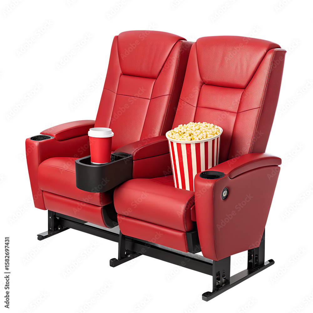Fototapeta premium A pair of modern, luxurious cinema seats, upholstered in a vibrant red leather. The seats are designed for comfort, featuring plush cushioning and armrests.